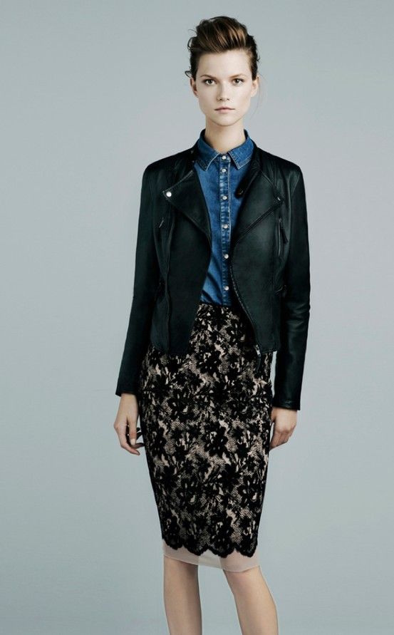 leather jacket denim shirt and lace pencil skirt