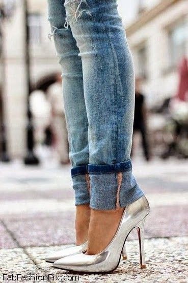 Silver High Heels With Jeans